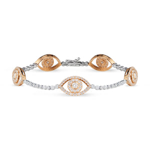 Diamond Bracelet with Evil Eye Stations  - 18K gold weighing 8.14 grams  - 236 round diamonds totaling 2.67 carats