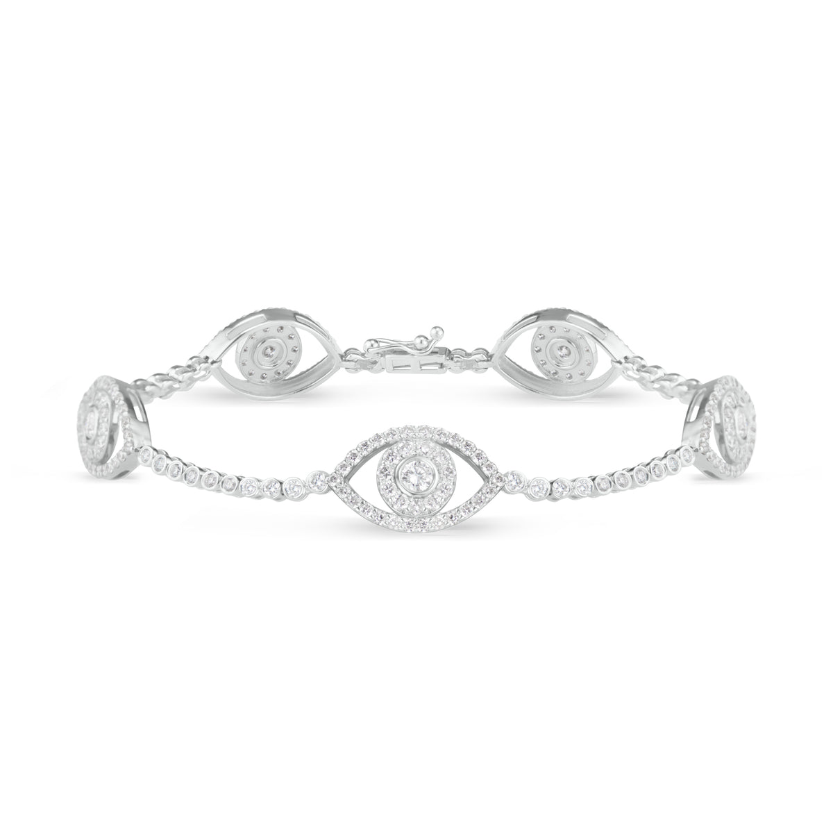Diamond Bracelet with Evil Eye Stations - 18K white gold weighing 8.14 grams - 236 round diamonds totaling 2.67 carats