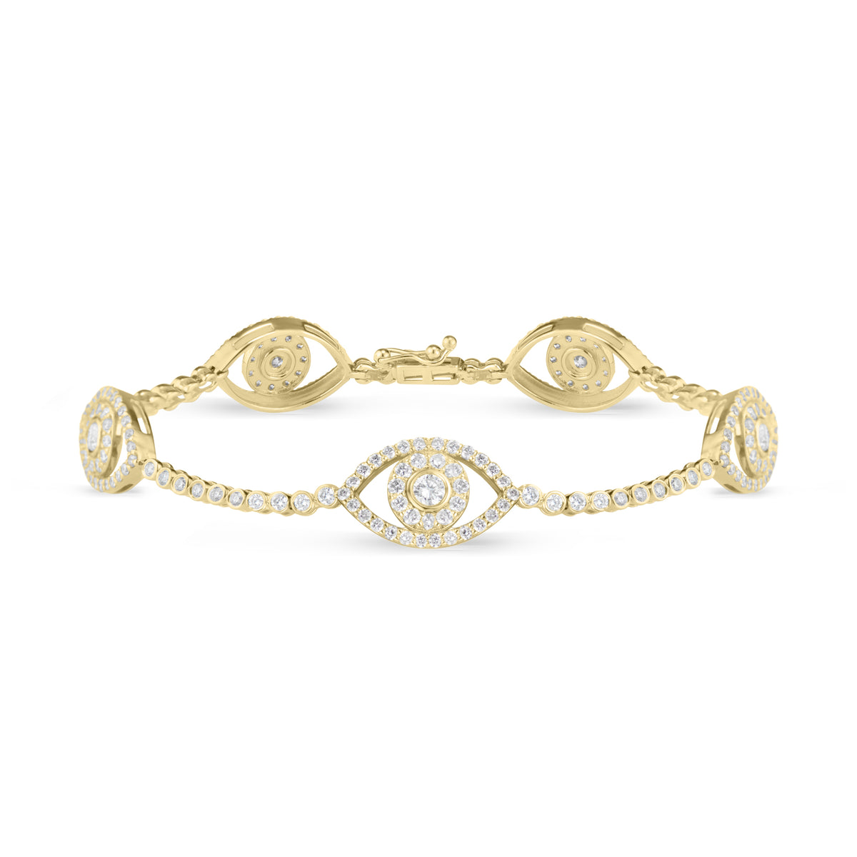 Diamond Bracelet with Evil Eye Stations  - 18K gold weighing 8.14 grams  - 236 round diamonds totaling 2.67 carats