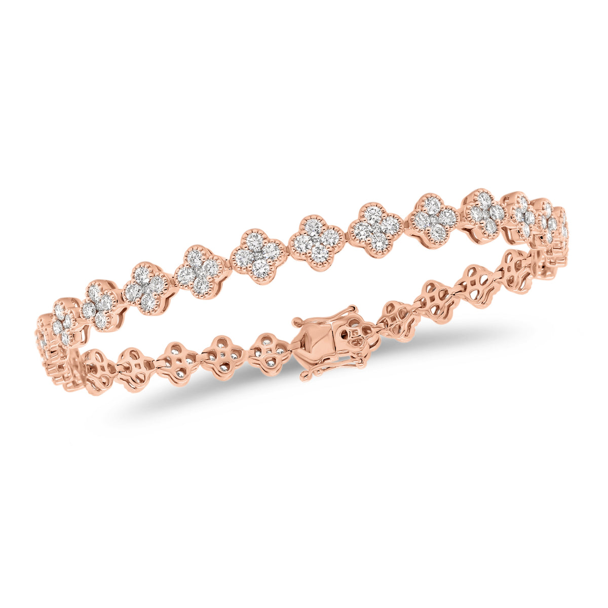 Diamond Quatrefoil Bracelet  - 18K gold weighing 12.76 grams  - 145 round diamonds totaling 3.79 carats