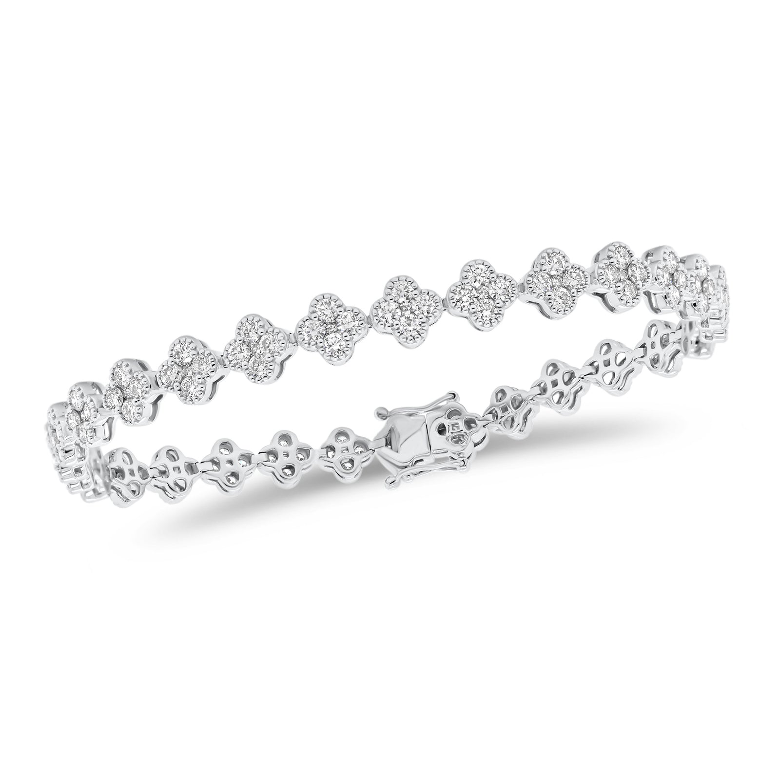 Diamond Quatrefoil Bracelet  - 18K gold weighing 12.76 grams  - 145 round diamonds totaling 3.79 carats