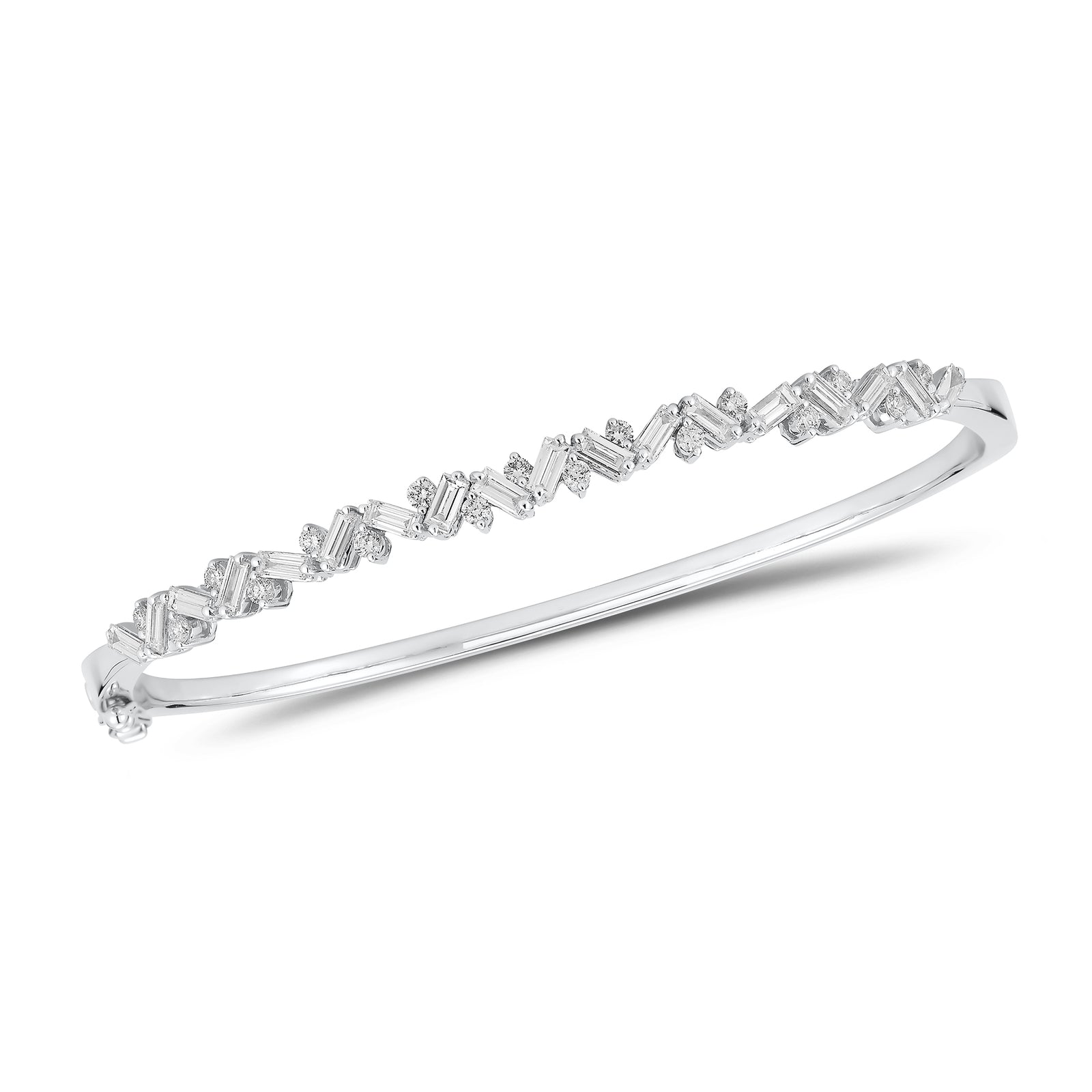 Slim Baguette and Round Diamond Bangle - 14K gold weighing 11.76 grams  - 18 slim baguettes weighing 1.04 carats  - 17 round diamonds weighing 0.37 carats