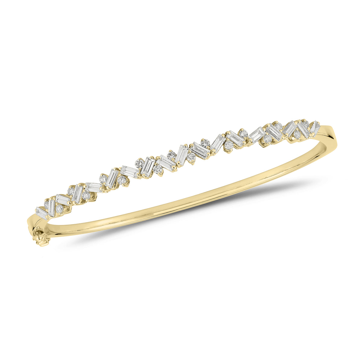 Slim Baguette and Round Diamond Bangle - 14K gold weighing 11.76 grams  - 18 slim baguettes weighing 1.04 carats  - 17 round diamonds weighing 0.37 carats