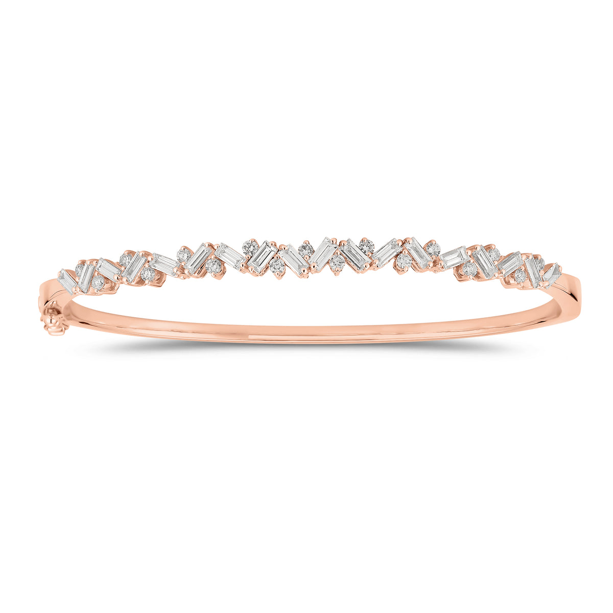 Slim Baguette and Round Diamond Bangle - 14K gold weighing 11.76 grams  - 18 slim baguettes weighing 1.04 carats  - 17 round diamonds weighing 0.37 carats