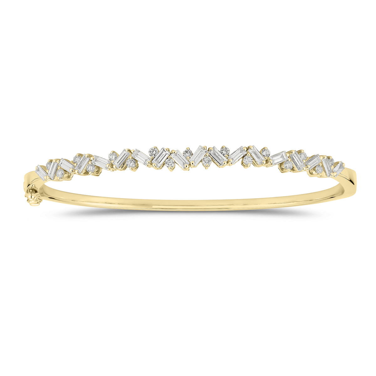 Slim Baguette and Round Diamond Bangle - 14K gold weighing 11.76 grams  - 18 slim baguettes weighing 1.04 carats  - 17 round diamonds weighing 0.37 carats