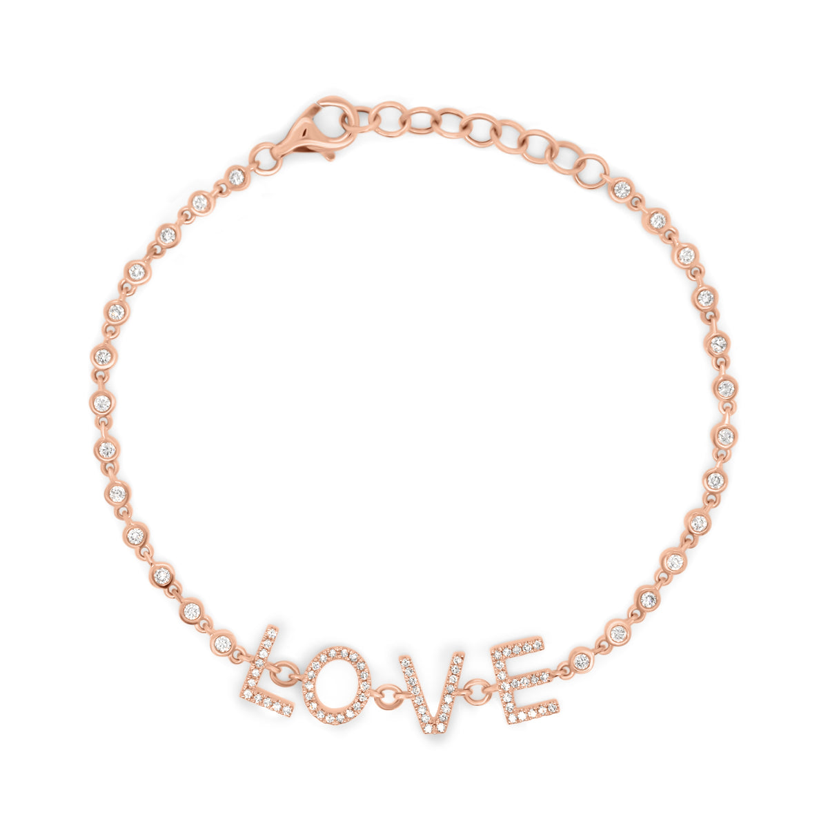 Diamond LOVE Bracelet - 14K rose gold weighing 4.0 grams - 26 round diamonds totaling 0.38 carats - 64 round diamonds totaling 0.21 carats