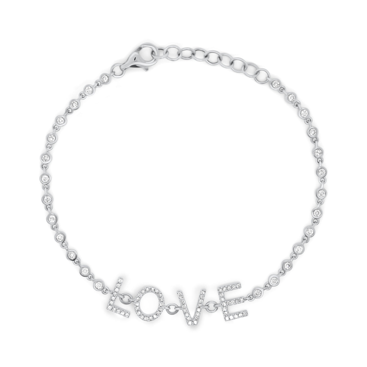 Diamond LOVE Bracelet - 14K white gold weighing 4.0 grams - 26 round diamonds totaling 0.38 carats - 64 round diamonds totaling 0.21 carats