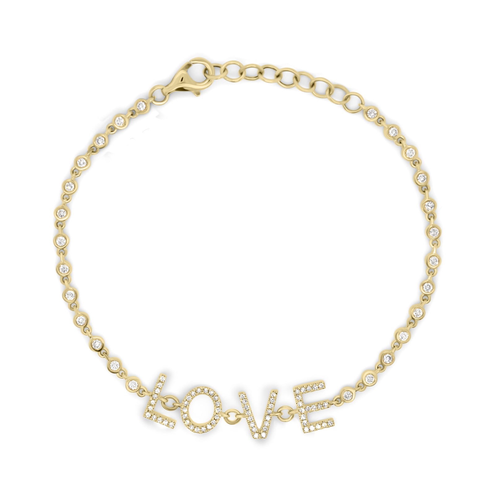 Diamond LOVE Bracelet - 14K yellow gold weighing 4.0 grams - 26 round diamonds totaling 0.38 carats - 64 round diamonds totaling 0.21 carats