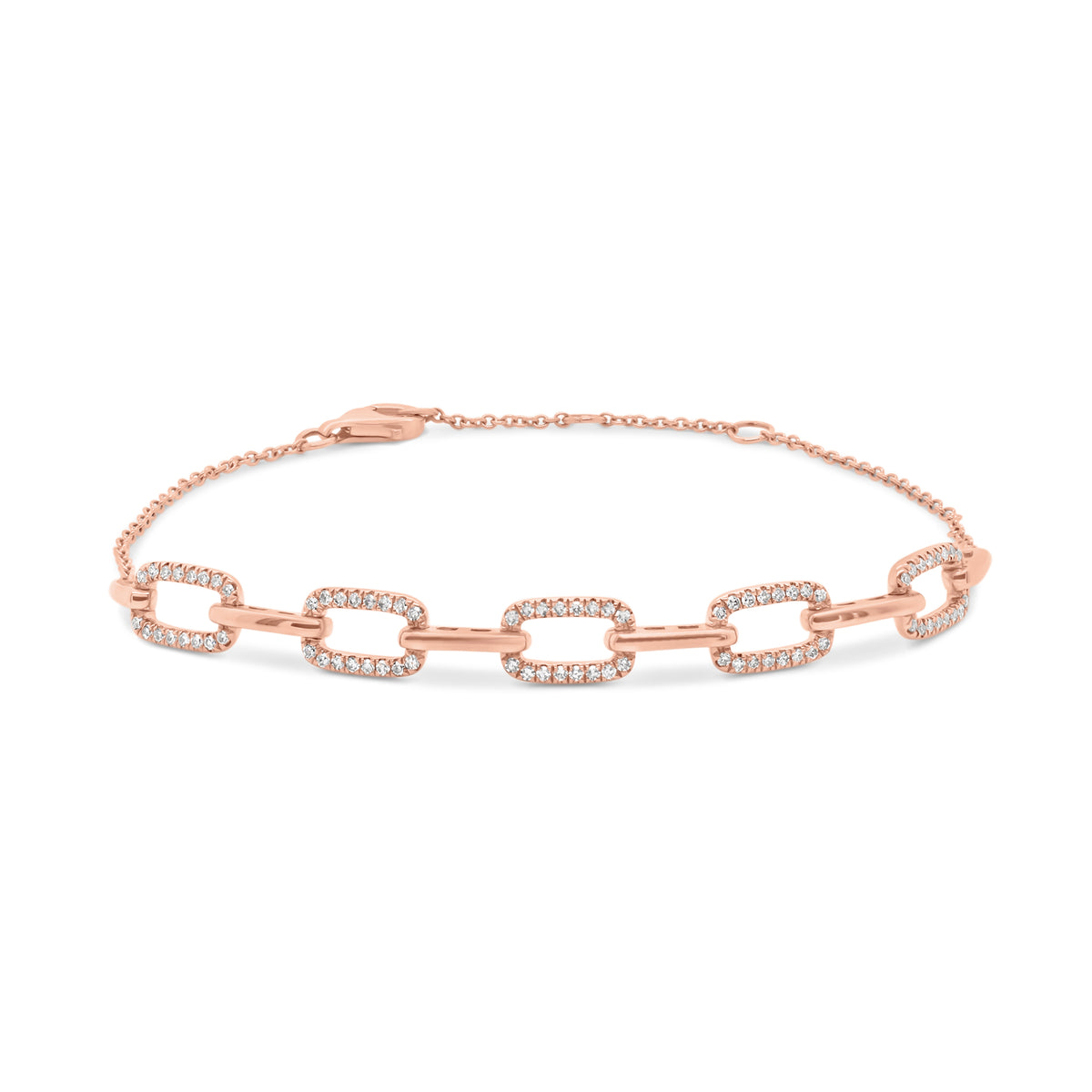 Diamond Rectangular Link Cable Chain Bracelet - 14K rose gold weighing 3.35 grams - 80 round diamonds totaling 0.27 carats