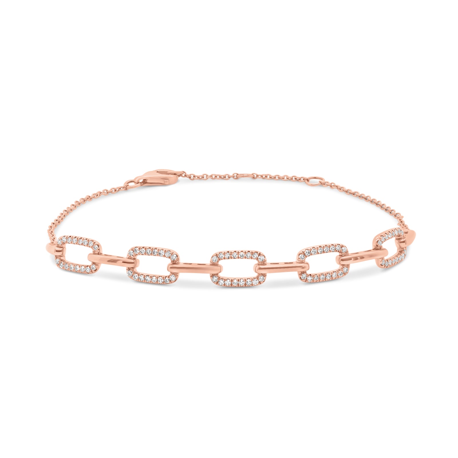 Diamond Rectangular Link Cable Chain Bracelet - 14K rose gold weighing 3.35 grams - 80 round diamonds totaling 0.27 carats