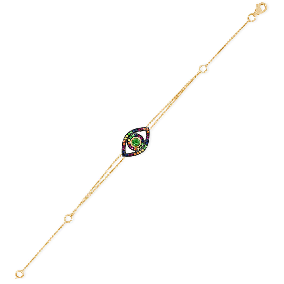 Multicolor Gemstone Evil Eye Fashion Bracelet -14K yellow gold weighing 2.35 grams -45 multicolor gemstones totaling 0.70 carats