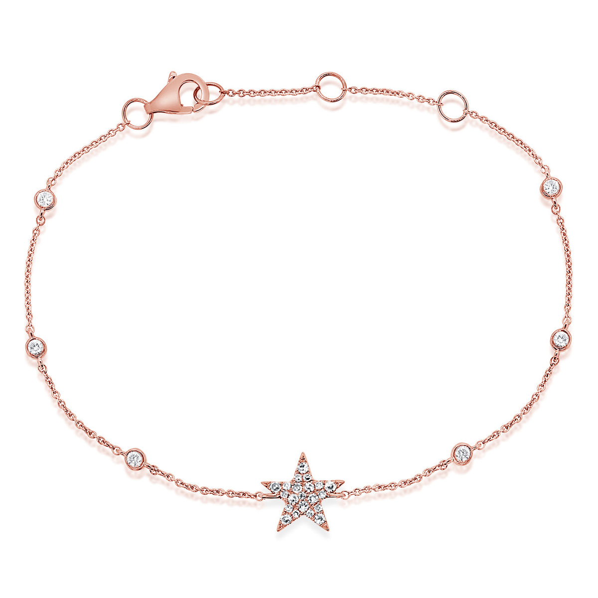 Diamond Star Bracelet with Diamond Bezels - 14K rose gold weighing 1.39 grams - 6 round diamonds totaling 0.11 carats - 21 round diamonds totaling 0.09 carats