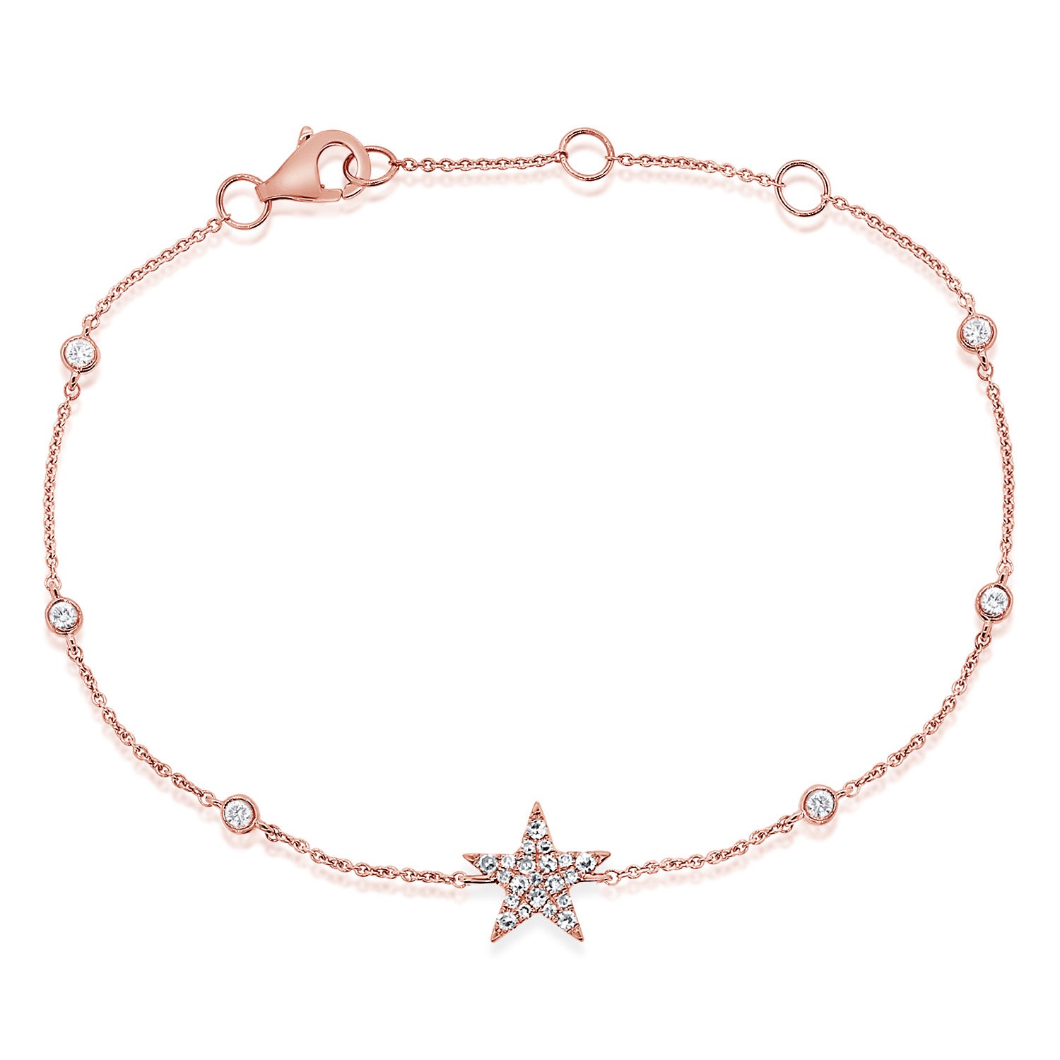 Diamond Star Bracelet with Diamond Bezels - 14K rose gold weighing 1.39 grams - 6 round diamonds totaling 0.11 carats - 21 round diamonds totaling 0.09 carats