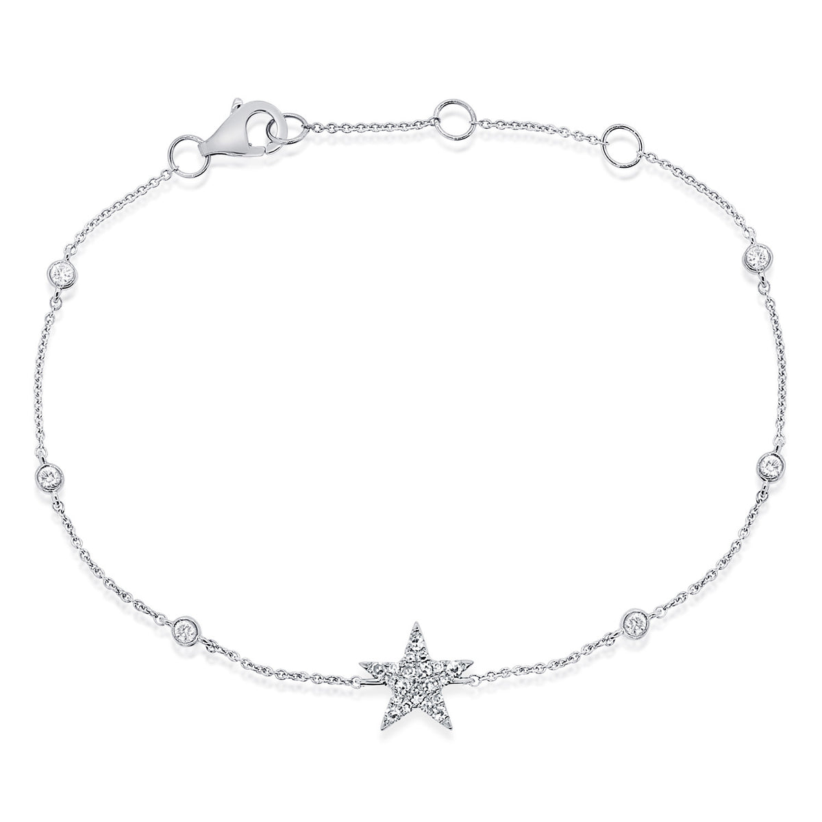 Diamond Star Bracelet with Diamond Bezels - 14K white gold weighing 1.39 grams - 6 round diamonds totaling 0.11 carats - 21 round diamonds totaling 0.09 carats