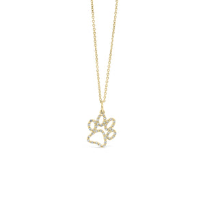 Solid 14K yellow gold 1.10 gram weight with 38 round diamonds weighing 0.19 carats Paw Print Pendant | Nuha Jewelers