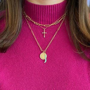 Female model wearing Diamond Initial Disc Pendant Necklace - 14 kt gold weighing 6.5 grams - 0.43 total carat weight