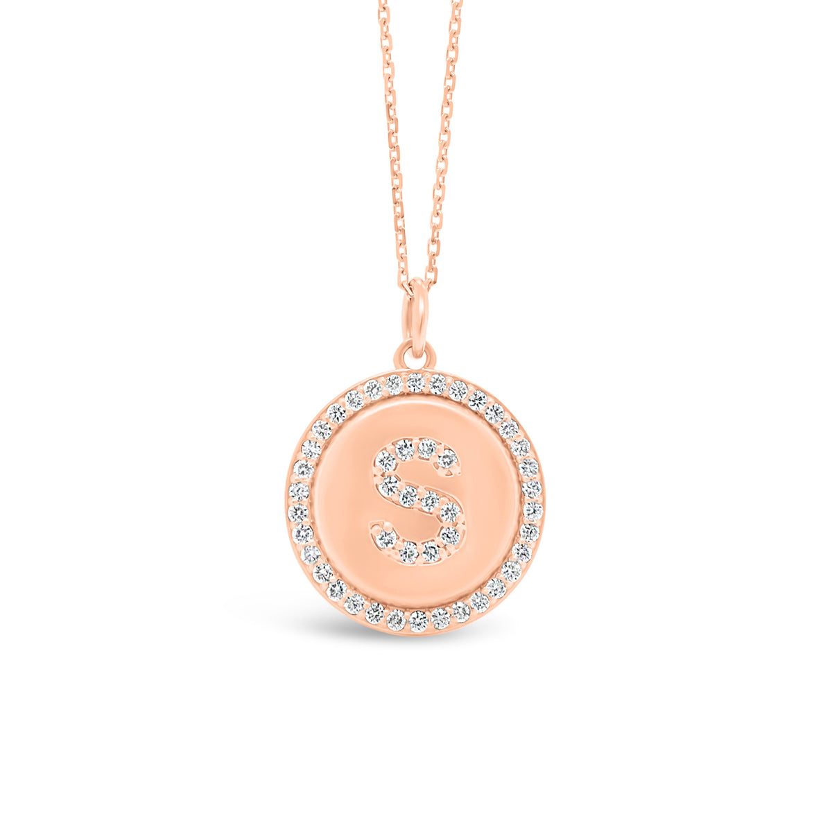 Diamond Initial Disc Pendant Necklace - 14 kt rose gold weighing 6.5 grams - 0.43 total carat weight