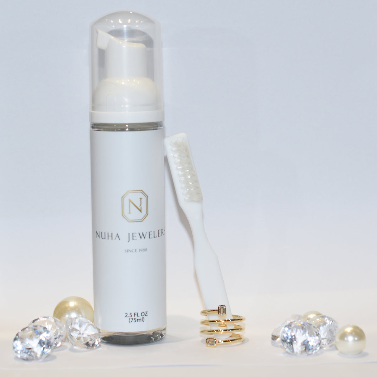 Foam Jewelry Cleaner - Safe on the diamond and precious gems - Soft brush included - 2.5 oz (75ml) bottle - Made in the USA