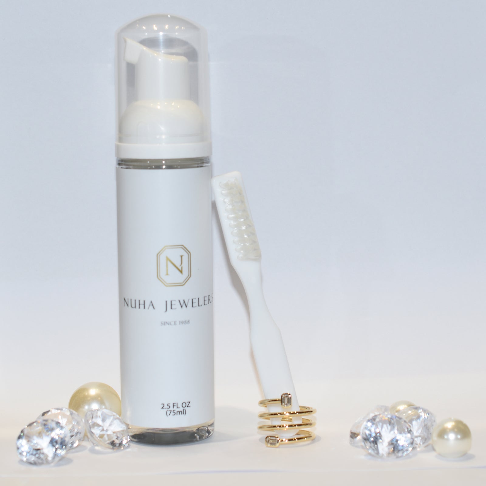 Foam Jewelry Cleaner - Safe on the diamond and precious gems - Soft brush included - 2.5 oz (75ml) bottle - Made in the USA