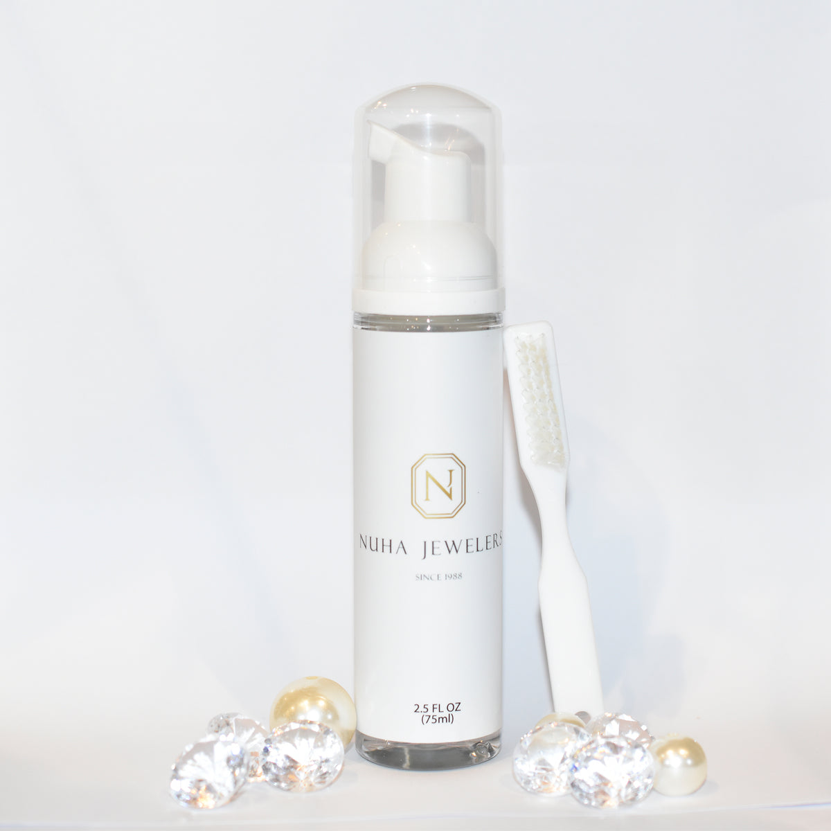 Foam Jewelry Cleaner - Safe on the diamond and precious gems - Soft brush included - 2.5 oz (75ml) bottle - Made in the USA