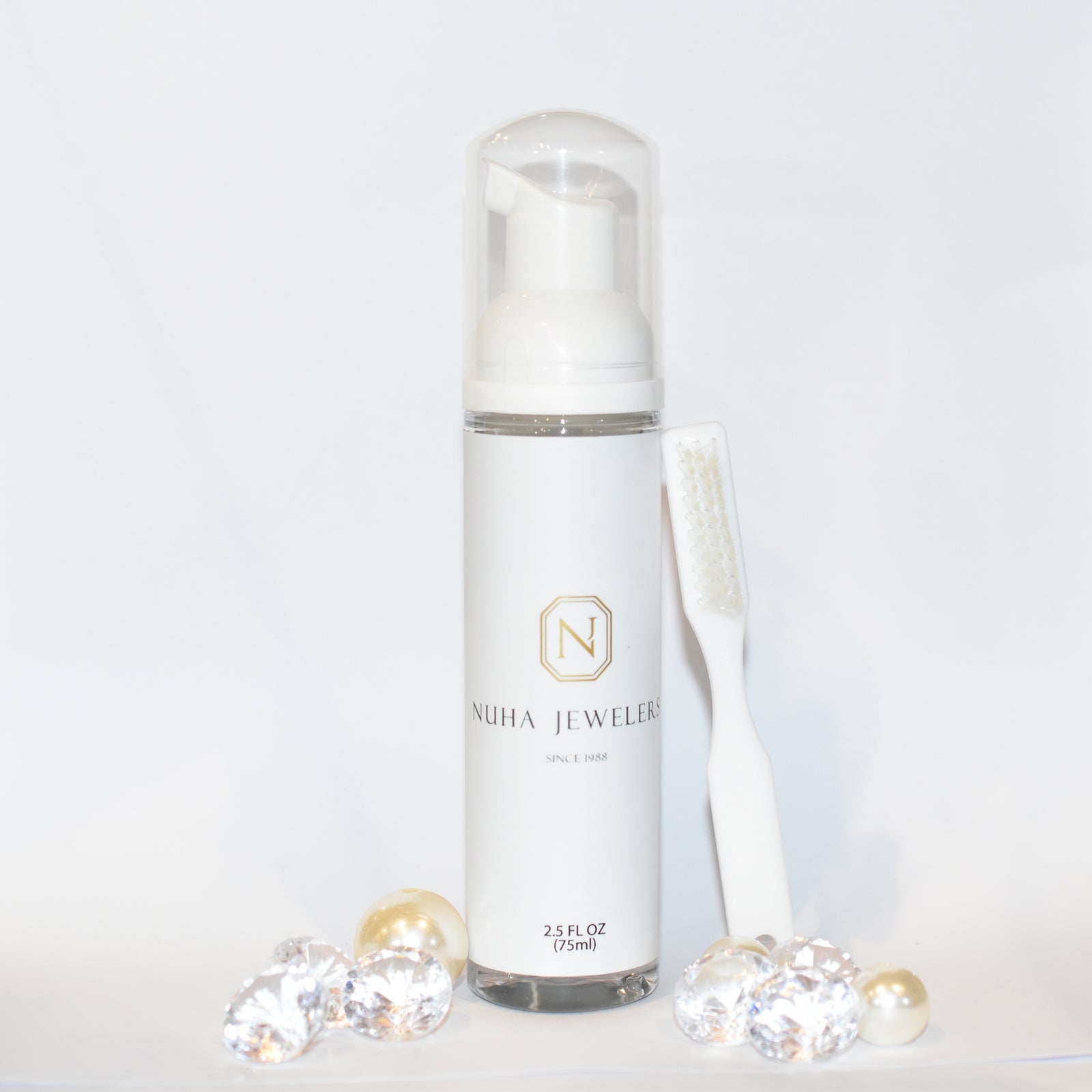 Foam Jewelry Cleaner - Safe on the diamond and precious gems - Soft brush included - 2.5 oz (75ml) bottle - Made in the USA