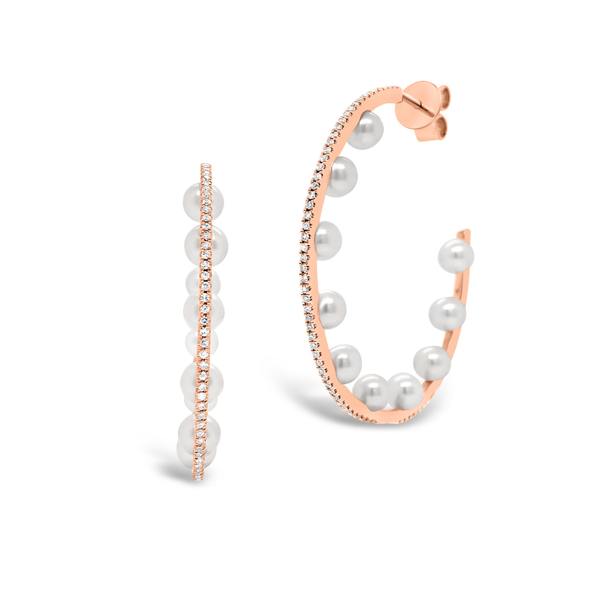 Pearl & diamond open hoop earrings -14K gold weighing 4.29 grams  -168 round diamonds totaling 0.46 carats  -20 pearls