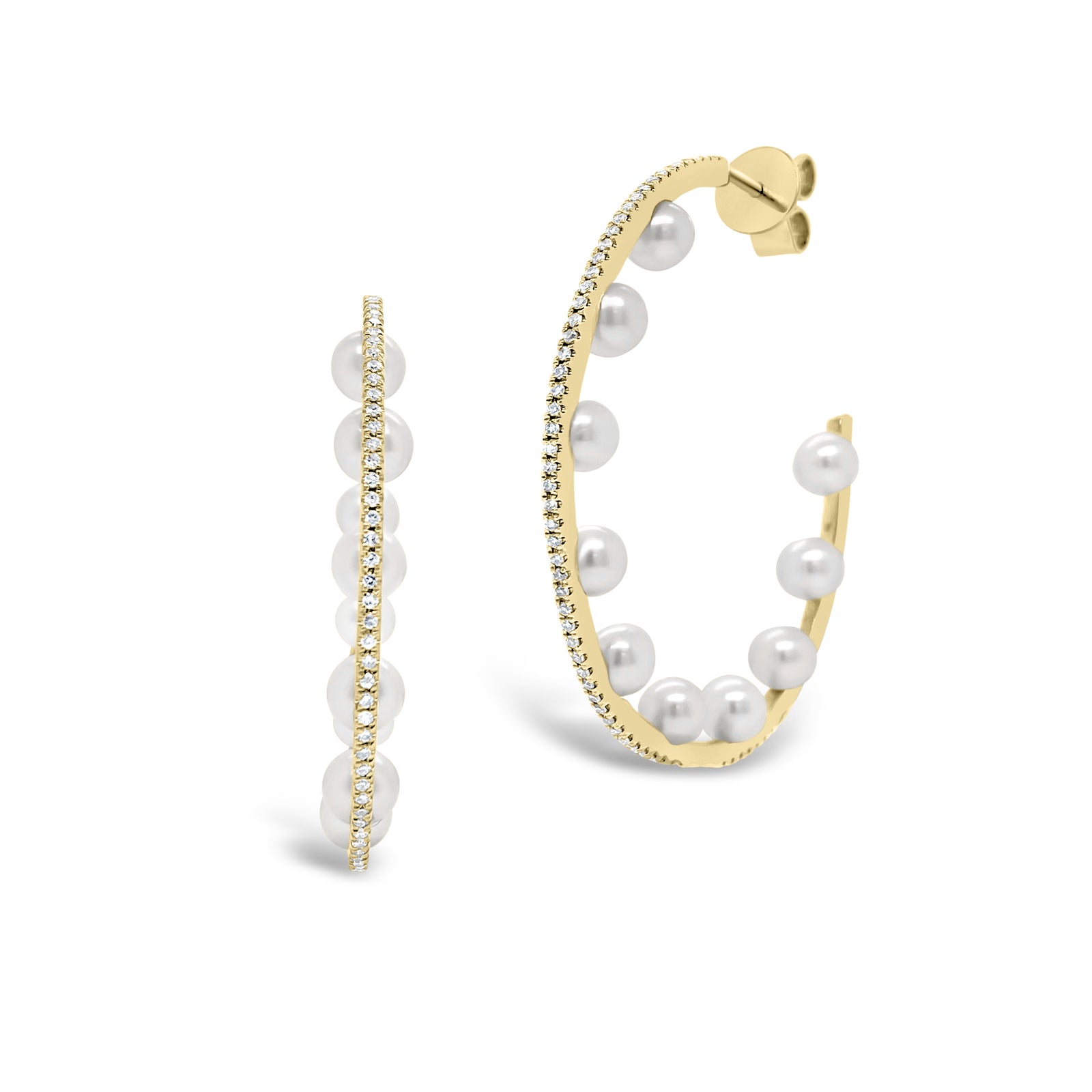 Pearl & diamond open hoop earrings -14K gold weighing 4.29 grams  -168 round diamonds totaling 0.46 carats  -20 pearls