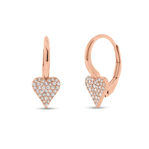 Pave Diamond Heart Lever-Back Earrings  - 14K gold weighing 1.88 grams  - 68 round diamonds totaling 0.20 carats