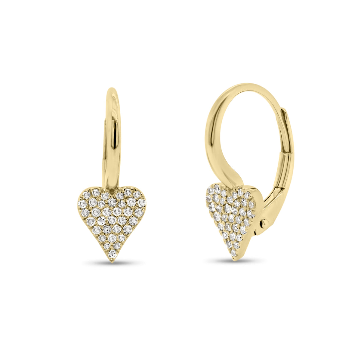Pave Diamond Heart Lever-Back Earrings  - 14K gold weighing 1.88 grams  - 68 round diamonds totaling 0.20 carats