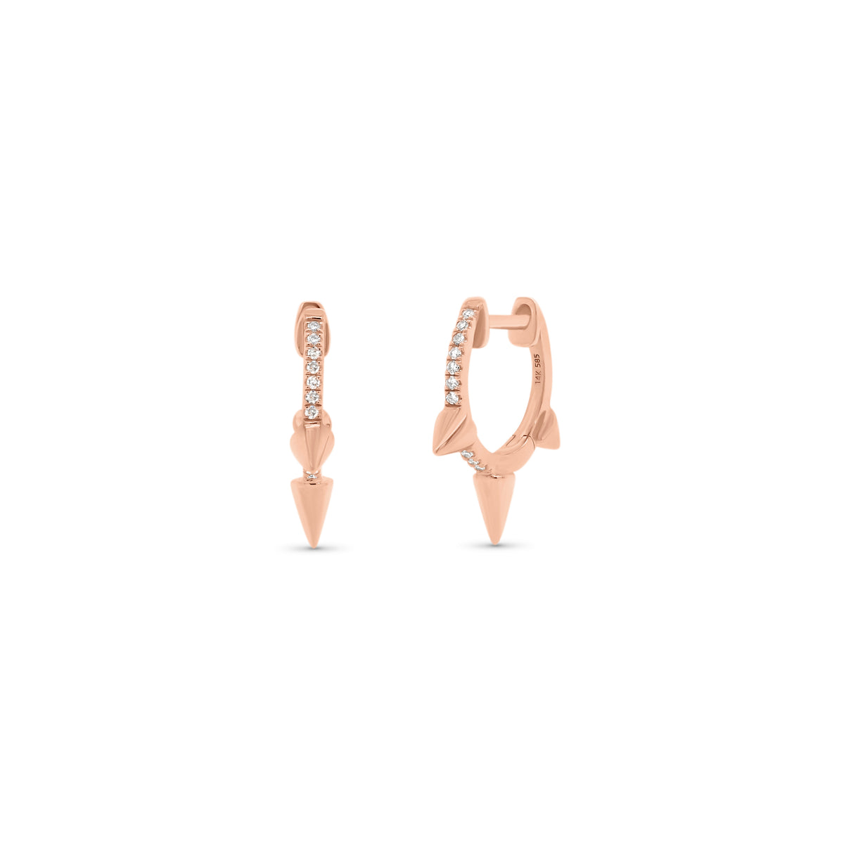 Diamond Spike Huggie Earrings - 14K rose gold weighing 2.18 grams  - 20 round diamonds totaling 0.05 carats