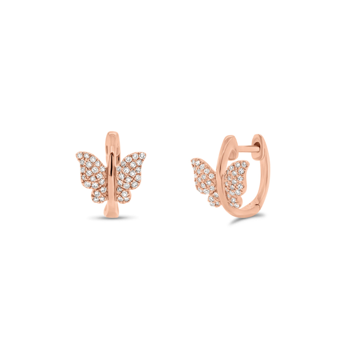Diamond butterfly huggie earrings - 14K gold weighing 2.08 grams  - 80 round diamonds totaling 0.18 carats