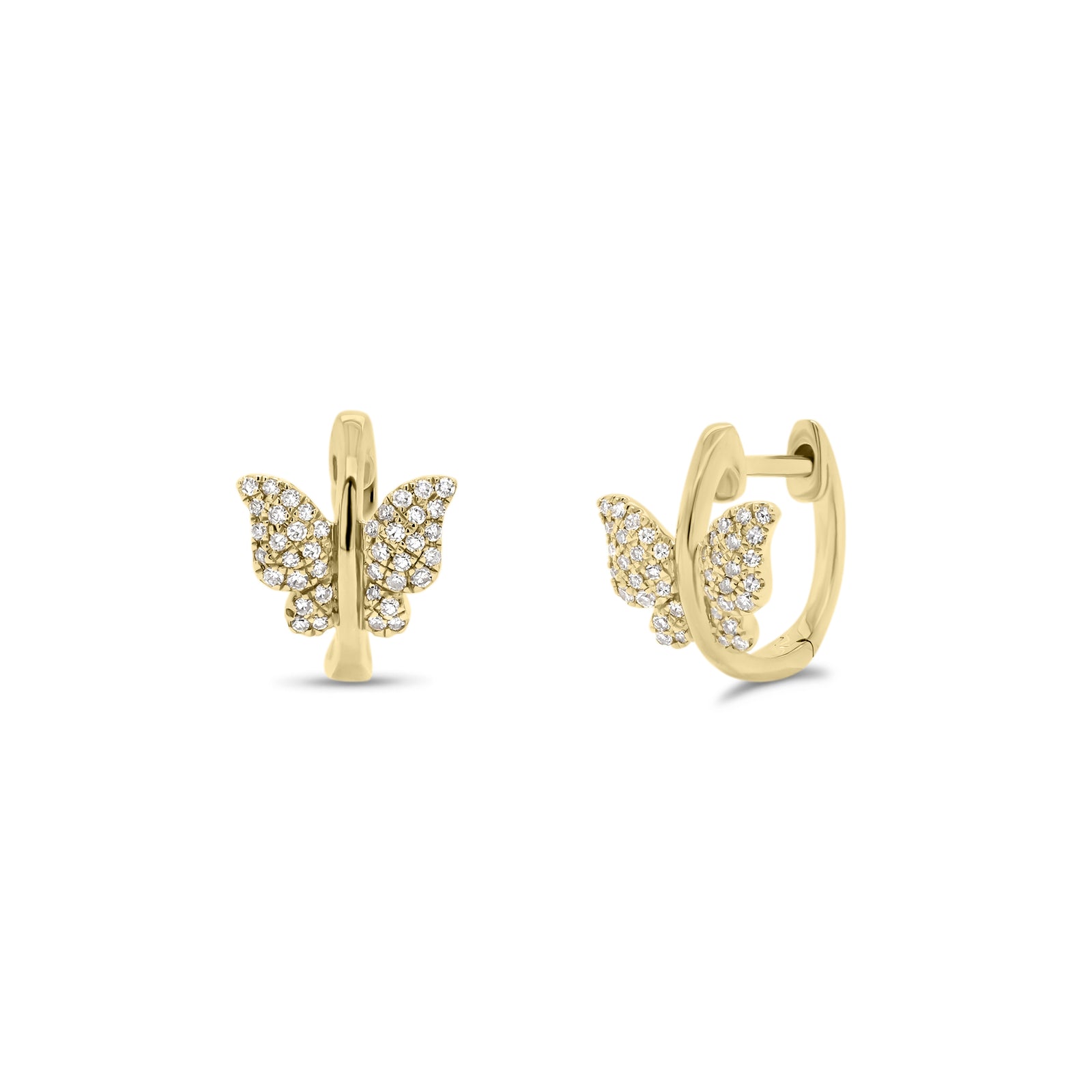 Diamond butterfly huggie earrings - 14K gold weighing 2.08 grams  - 80 round diamonds totaling 0.18 carats