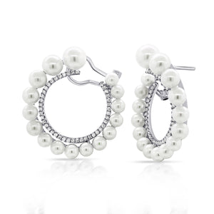 Pearl & Diamond front-facing hoop earrings - 14K gold weighing 3.48 grams  - 86 round diamonds totaling 0.27 carats  - 32 pearls