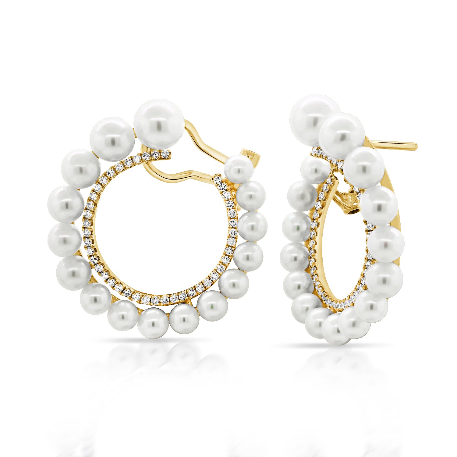 Pearl & Diamond front-facing hoop earrings - 14K gold weighing 3.48 grams  - 86 round diamonds totaling 0.27 carats  - 32 pearls
