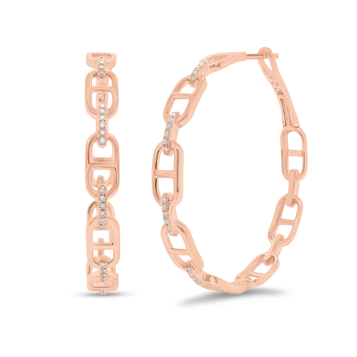 Diamond & gold large tri-link hoop earrings - 14K gold weighing 7.27 grams  - 84 round diamonds totaling 0.26 carats