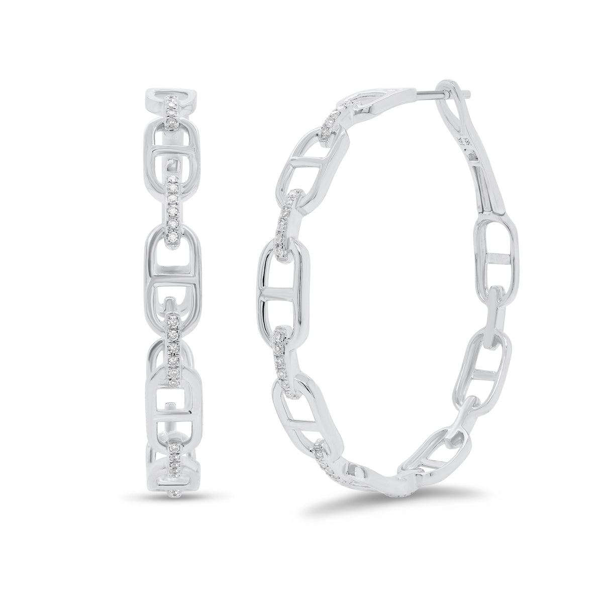 Diamond & gold large tri-link hoop earrings - 14K gold weighing 7.27 grams  - 84 round diamonds totaling 0.26 carats