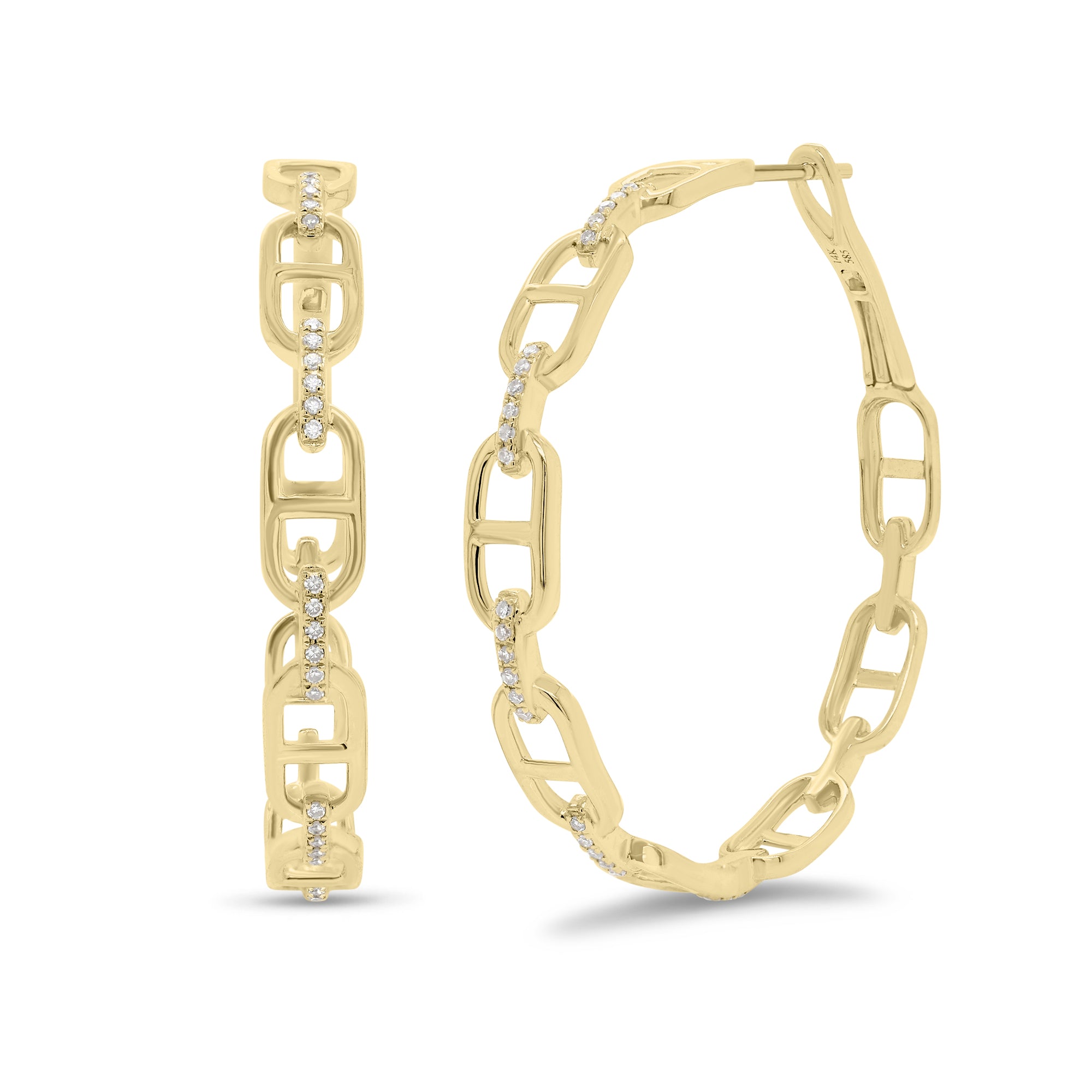 Diamond & gold large tri-link hoop earrings - 14K gold weighing 7.27 grams  - 84 round diamonds totaling 0.26 carats