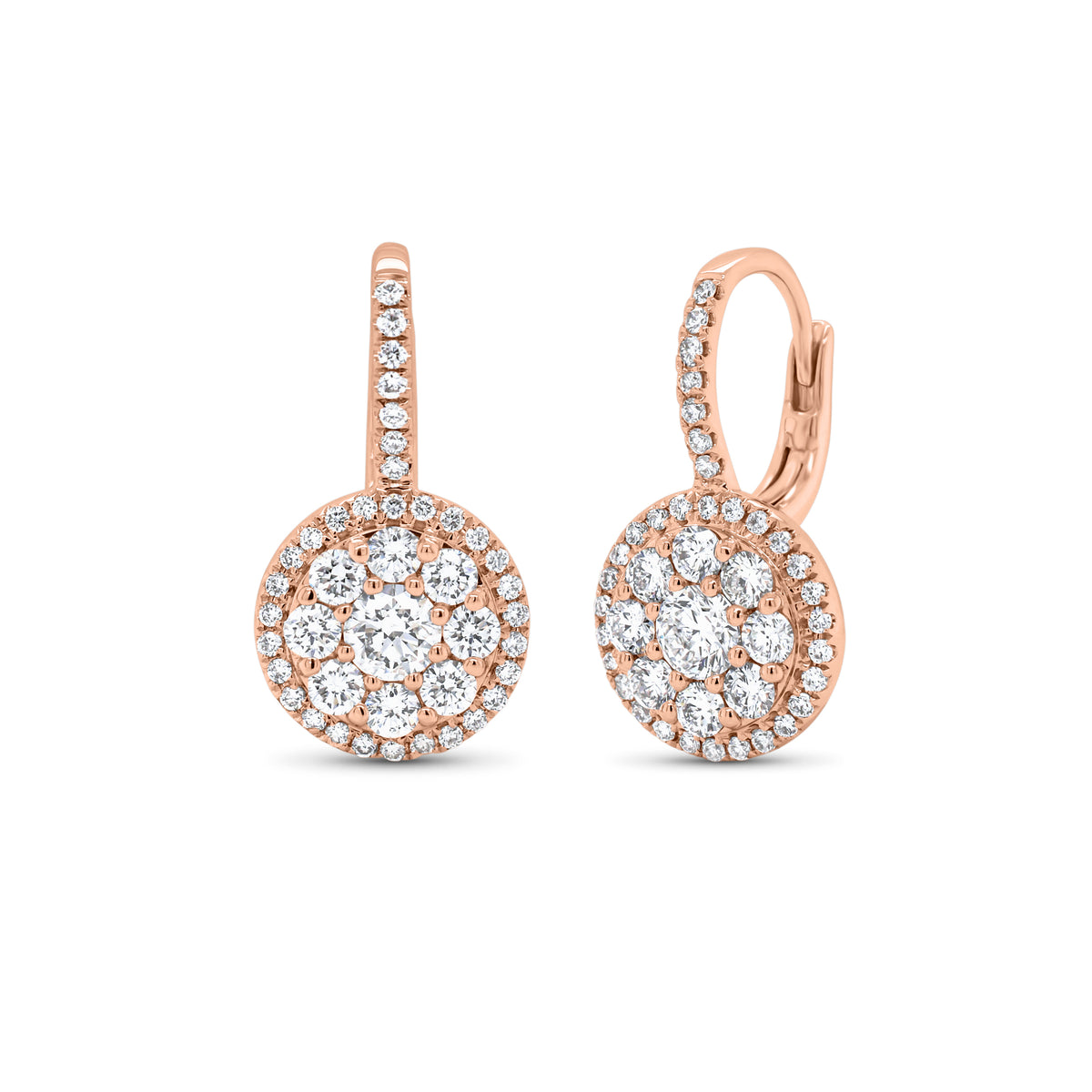 Diamond Round Cluster Lever-Back Earrings  - 18K gold weighing 4.97 grams  - 84 round diamonds totaling 1.61 carats