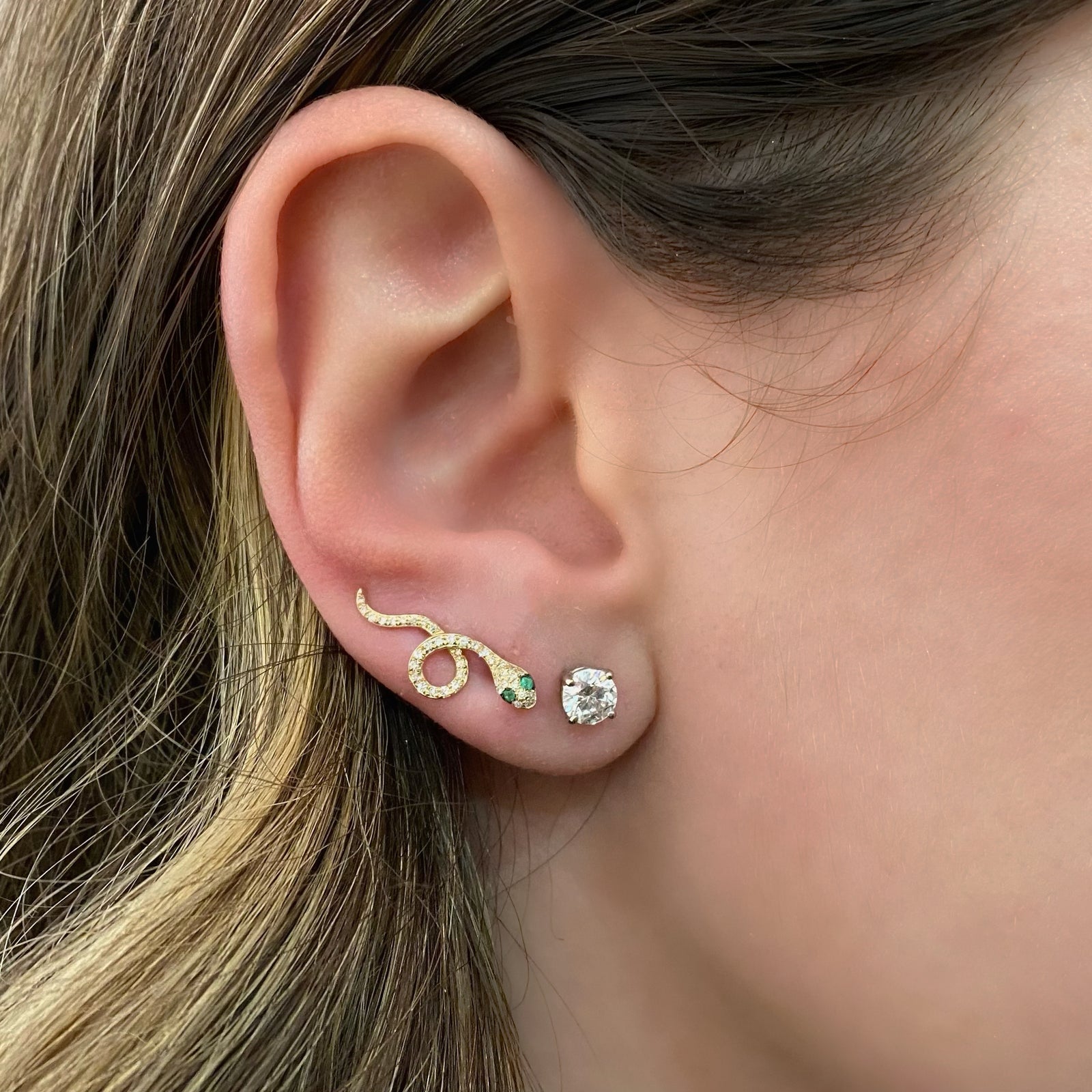 Emerald & Diamond Serpent Crawler Earrings - 14K yellow gold weighing 1.28 grams - 80 round diamonds totaling 0.18 carats - 4 emeralds totaling 0.03 carats