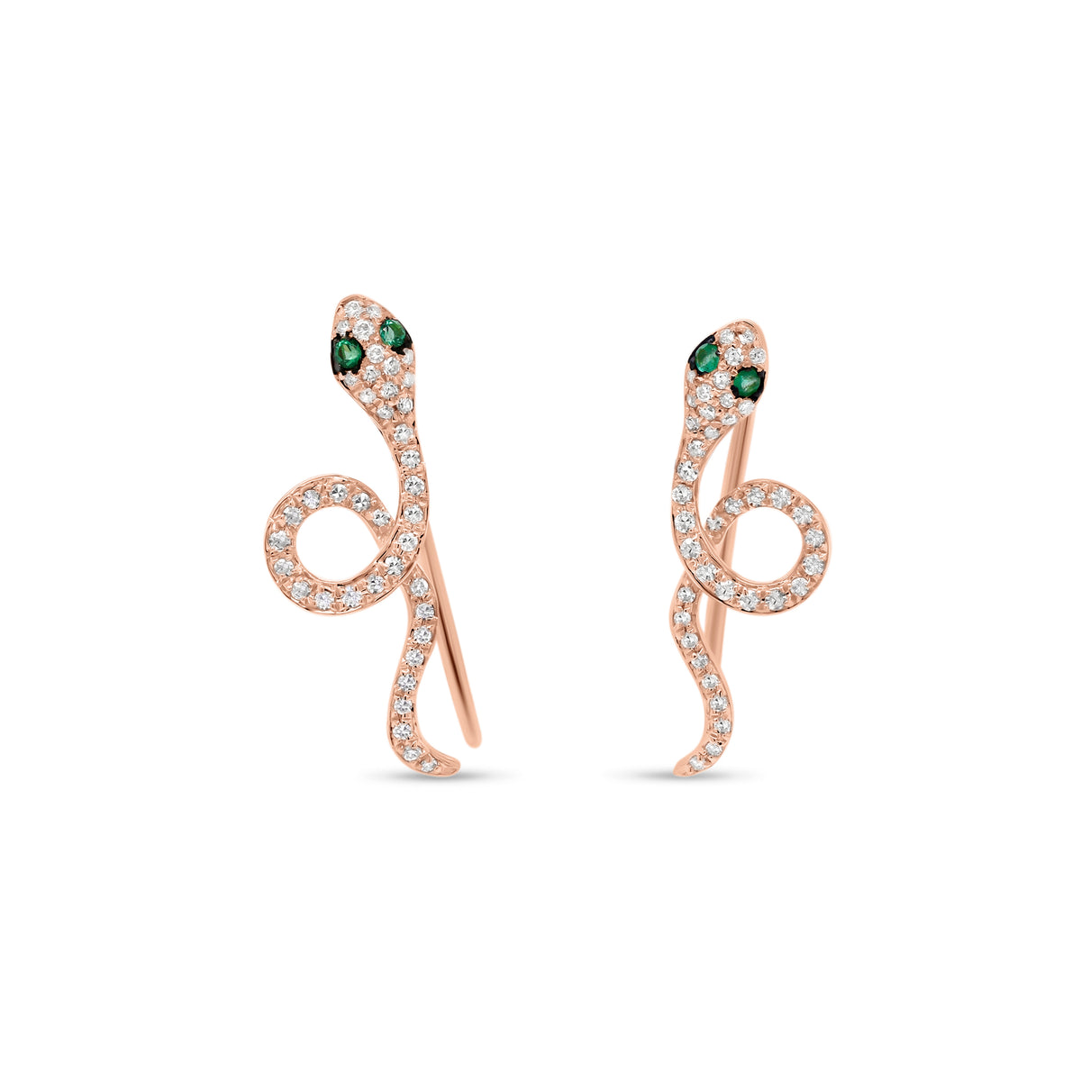 Emerald & Diamond Serpent Crawler Earrings - 14K rose gold weighing 1.28 grams - 80 round diamonds totaling 0.18 carats - 4 emeralds totaling 0.03 carats