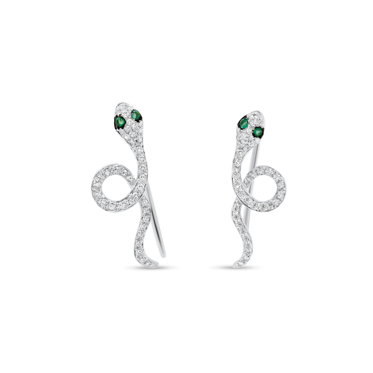 Emerald & Diamond Serpent Crawler Earrings - 14K white gold weighing 1.28 grams - 80 round diamonds totaling 0.18 carats - 4 emeralds totaling 0.03 carats