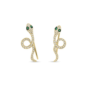 Emerald & Diamond Serpent Crawler Earrings - 14K yellow gold weighing 1.28 grams - 80 round diamonds totaling 0.18 carats - 4 emeralds totaling 0.03 carats