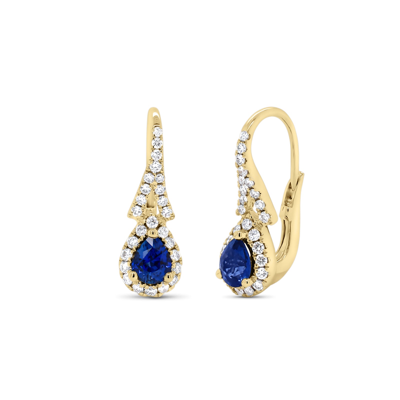 Sapphire Teardrop Lever-Back Earrings  - 18K gold weighing 3.29 grams  - 52 round diamonds totaling 0.33 carats  - 2 pear-shaped sapphires totaling 0.71 carats