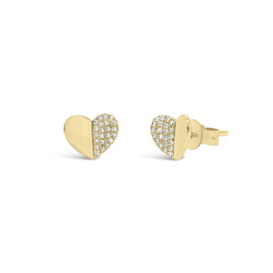 Diamond Half-Set Heart Stud Earrings - 14K gold weighing 1.42 grams - 44 round diamonds totaling 0.12 carats