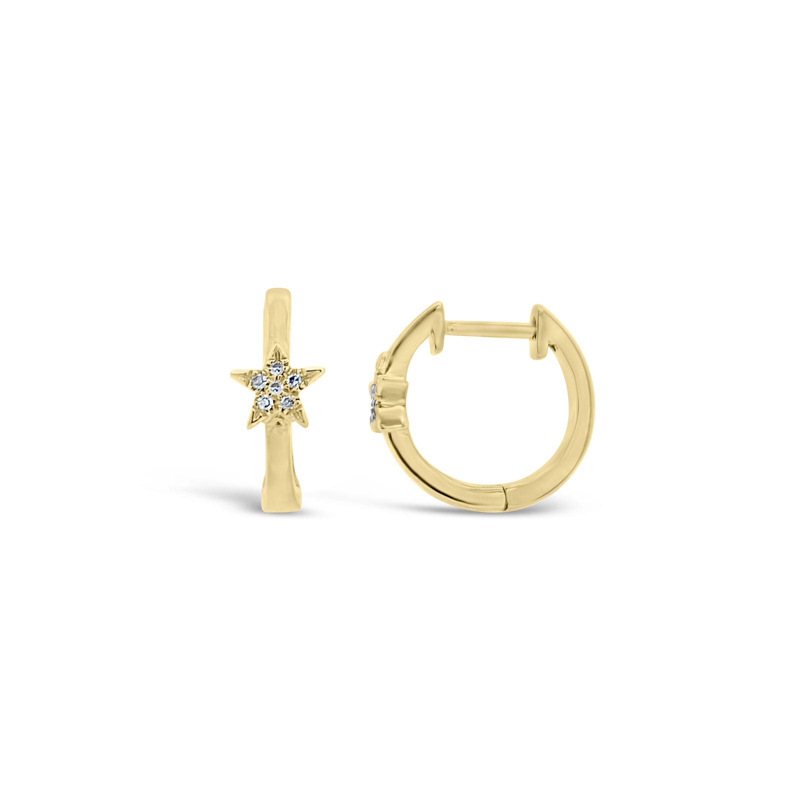 Diamond Star Accent Huggie Earrings  - 14K gold weighing 1.80 grams  - 12 round diamonds totaling 0.03 carats