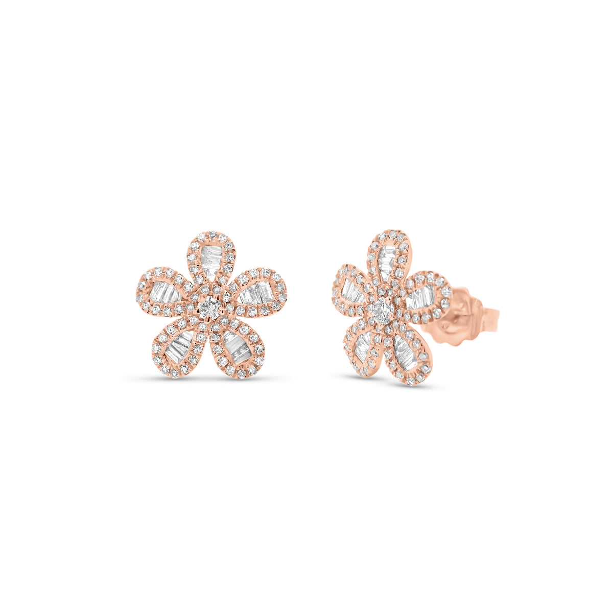 Diamond Baguette Daisy Stud Earrings - 14K gold weighing 1.78 grams  - 132 round diamonds totaling 0.21 carats  - 30 tapered baguettes totaling 0.18 carats