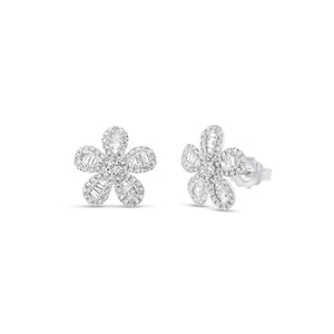 Diamond Baguette Daisy Stud Earrings - 14K gold weighing 1.78 grams  - 132 round diamonds totaling 0.21 carats  - 30 tapered baguettes totaling 0.18 carats