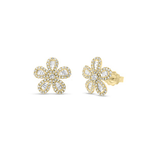 Diamond Baguette Daisy Stud Earrings - 14K gold weighing 1.78 grams  - 132 round diamonds totaling 0.21 carats  - 30 tapered baguettes totaling 0.18 carats