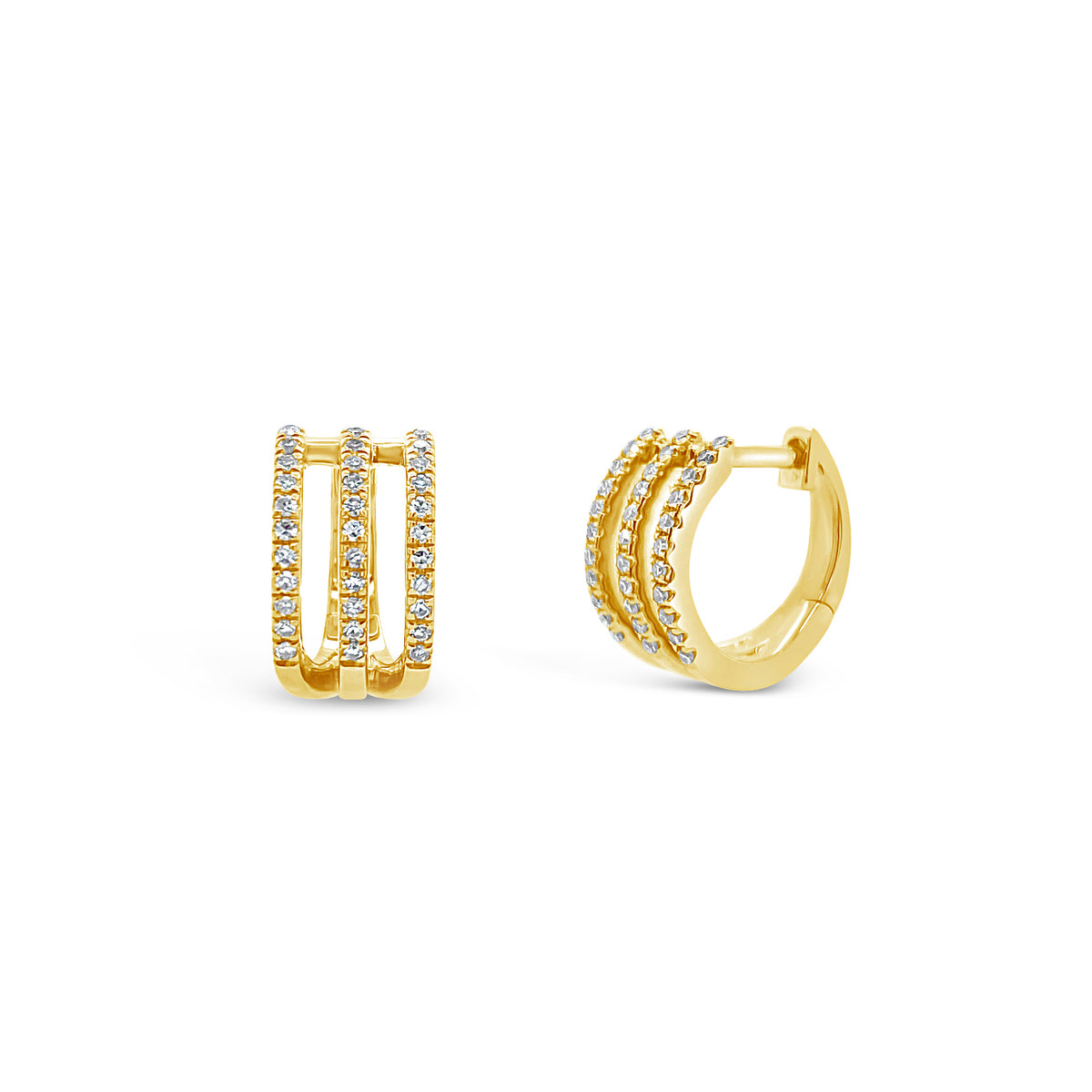 Diamond Triple-Row Huggie Earrings - 14K gold weighing 2.38 grams  - 66 round diamonds totaling 0.18 carats
