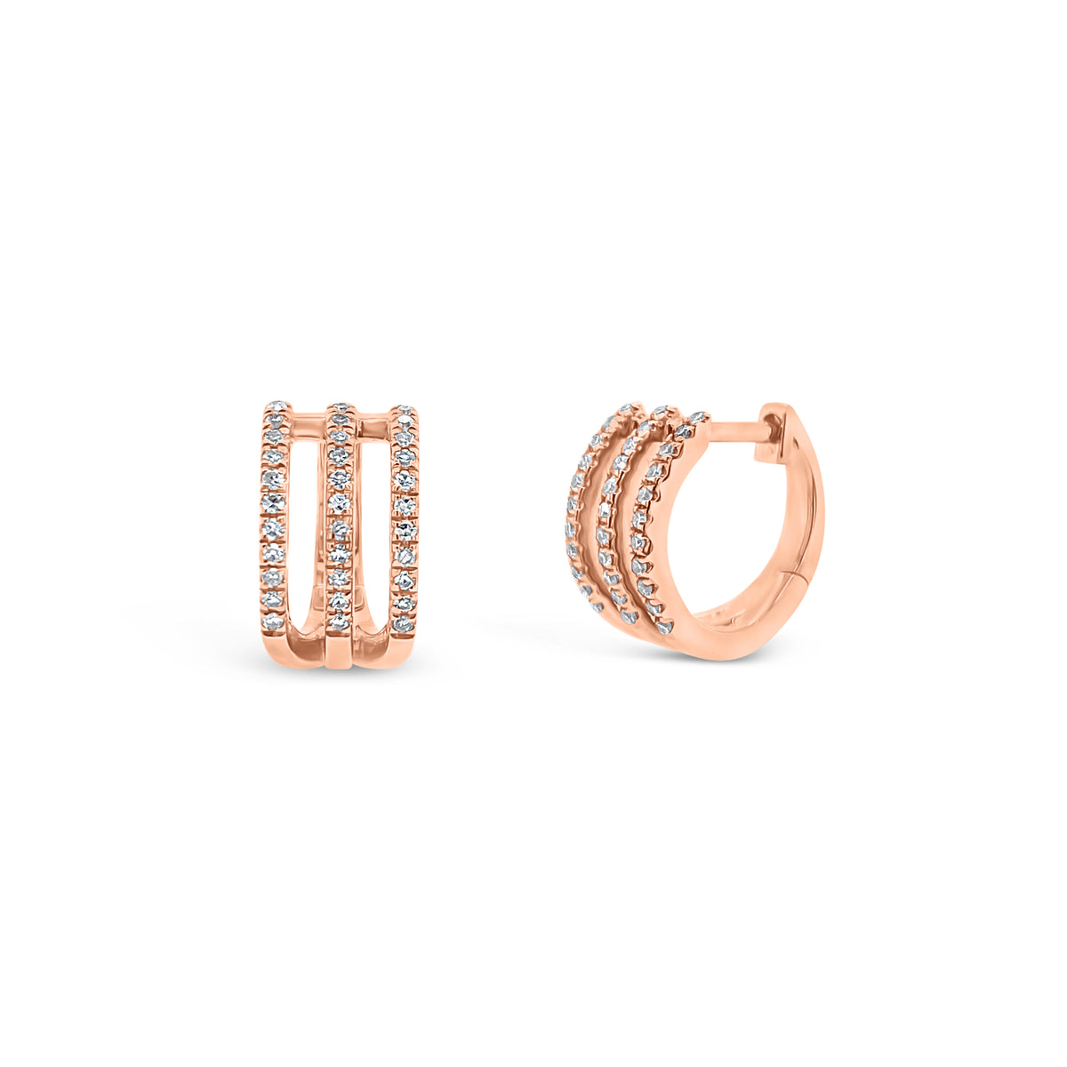Diamond Triple-Row Huggie Earrings - 14K gold weighing 2.38 grams  - 66 round diamonds totaling 0.18 carats